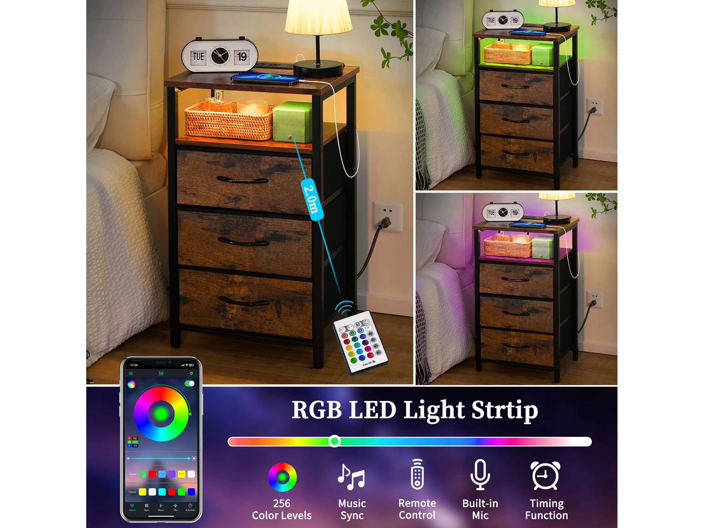 Yoobure 3-Drawers Nightstand with LED