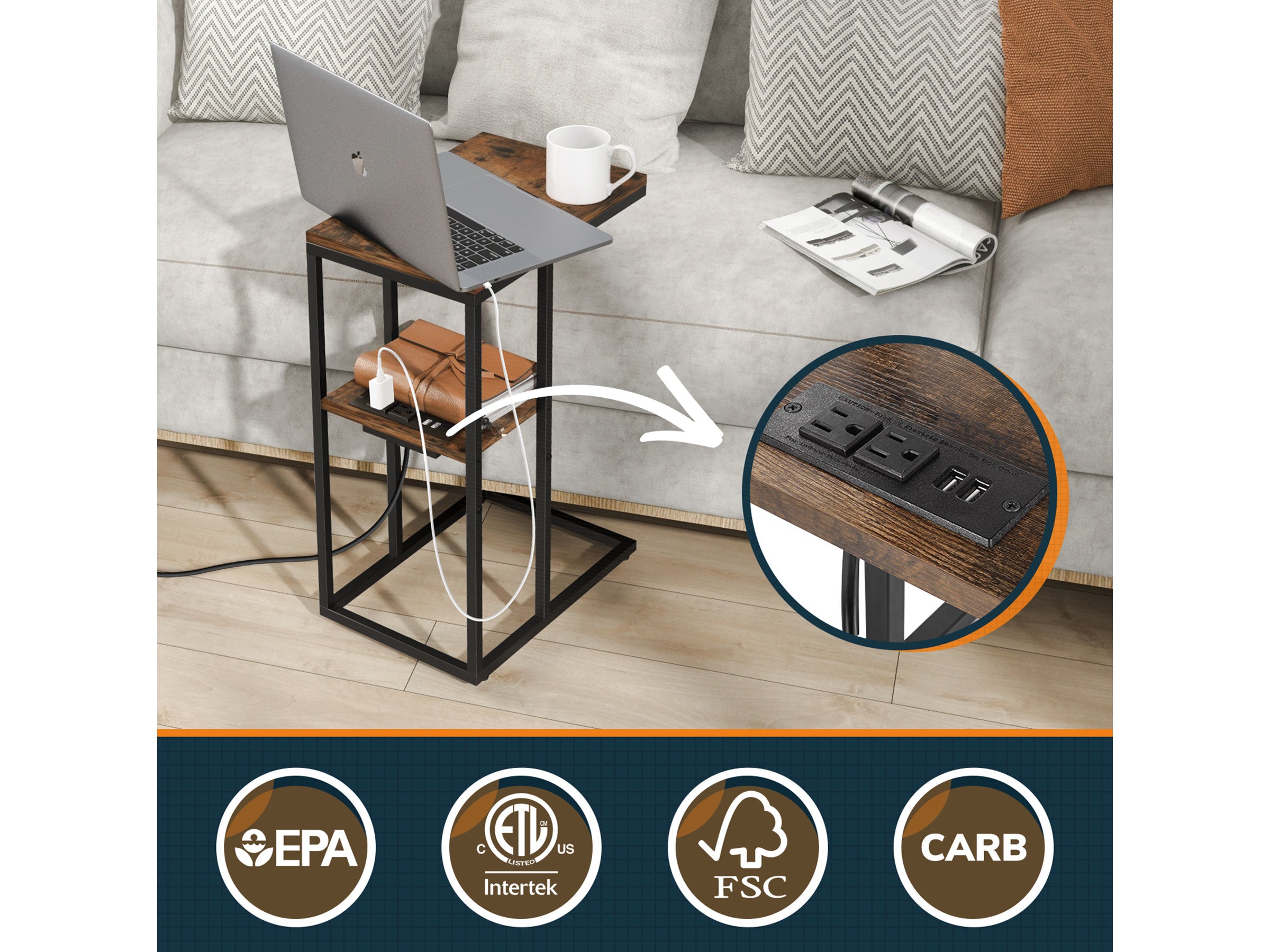 Dark brown Yoobure C Shaped End Table with Charging Station