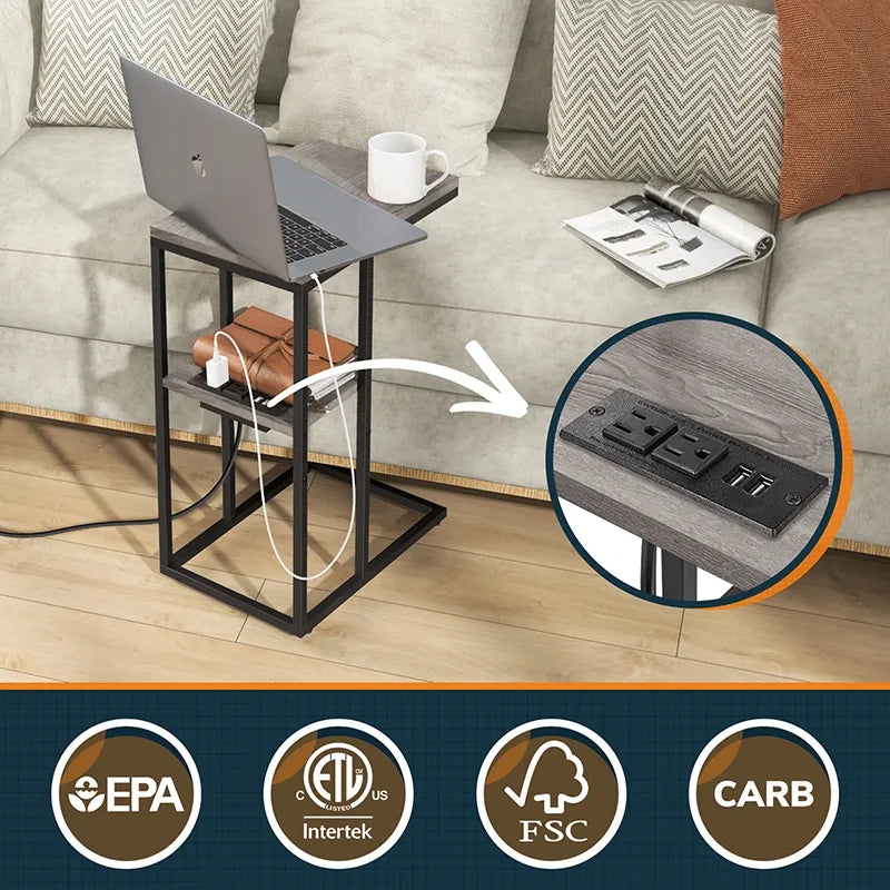 Yoobure C Shaped End Table with Charging Station