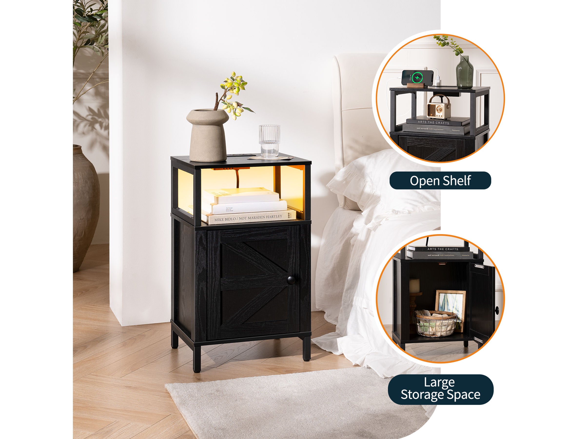 Yoobure Farmhouse Nightstand with Charging Station