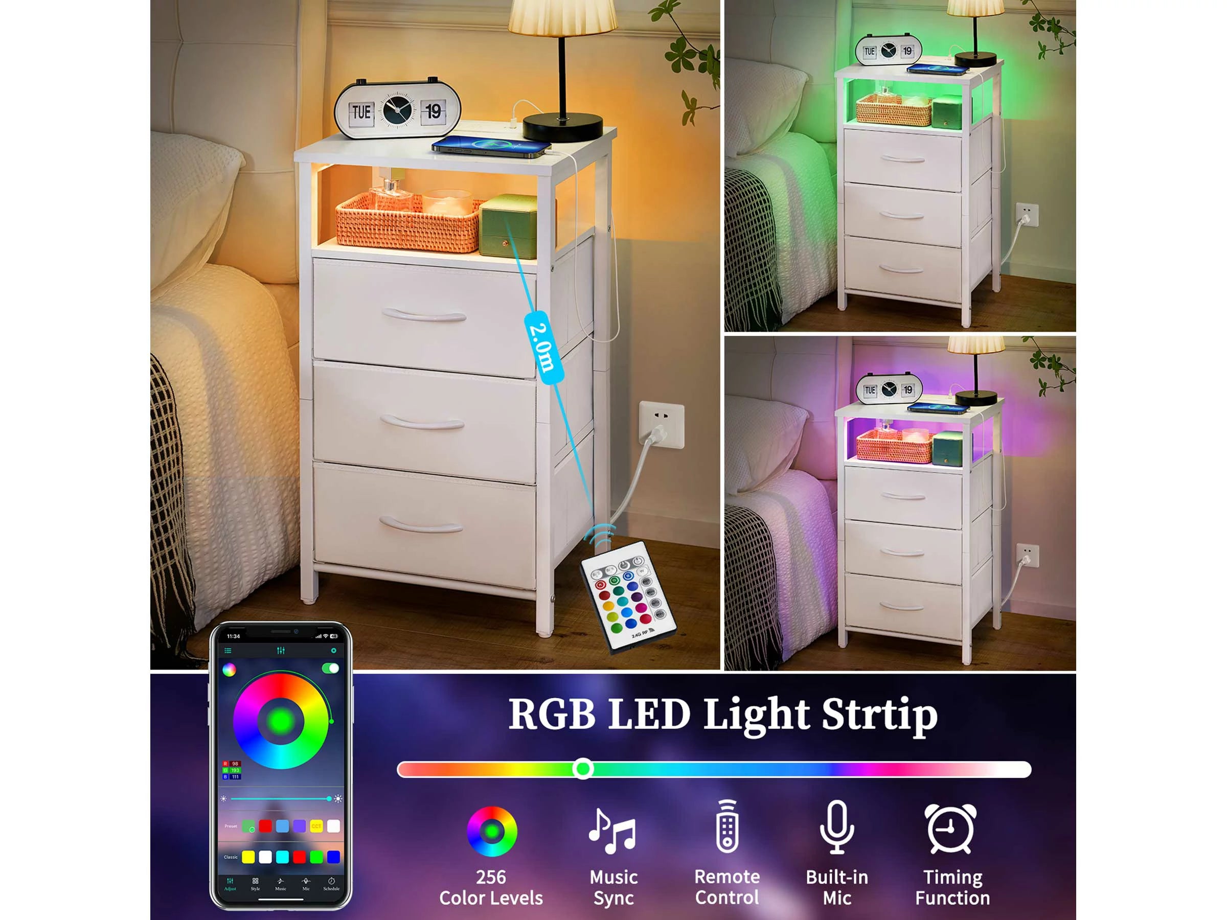 Yoobure 3-Drawers Nightstand with LED