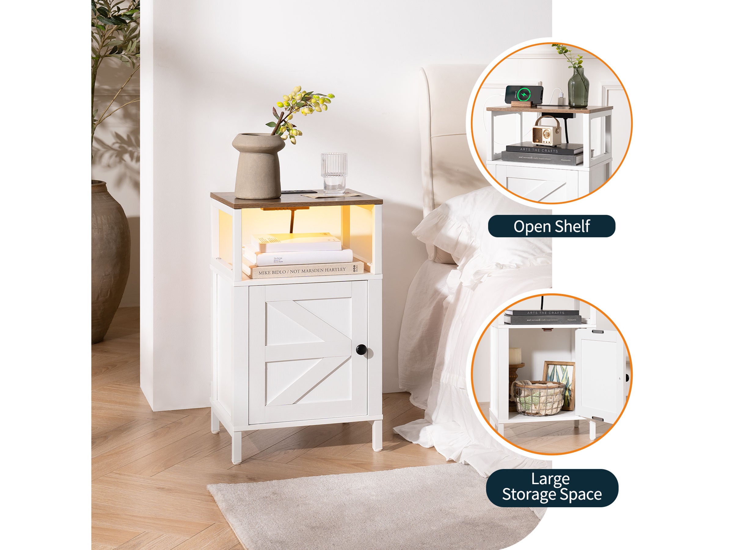 Yoobure Farmhouse Nightstand with Charging Station