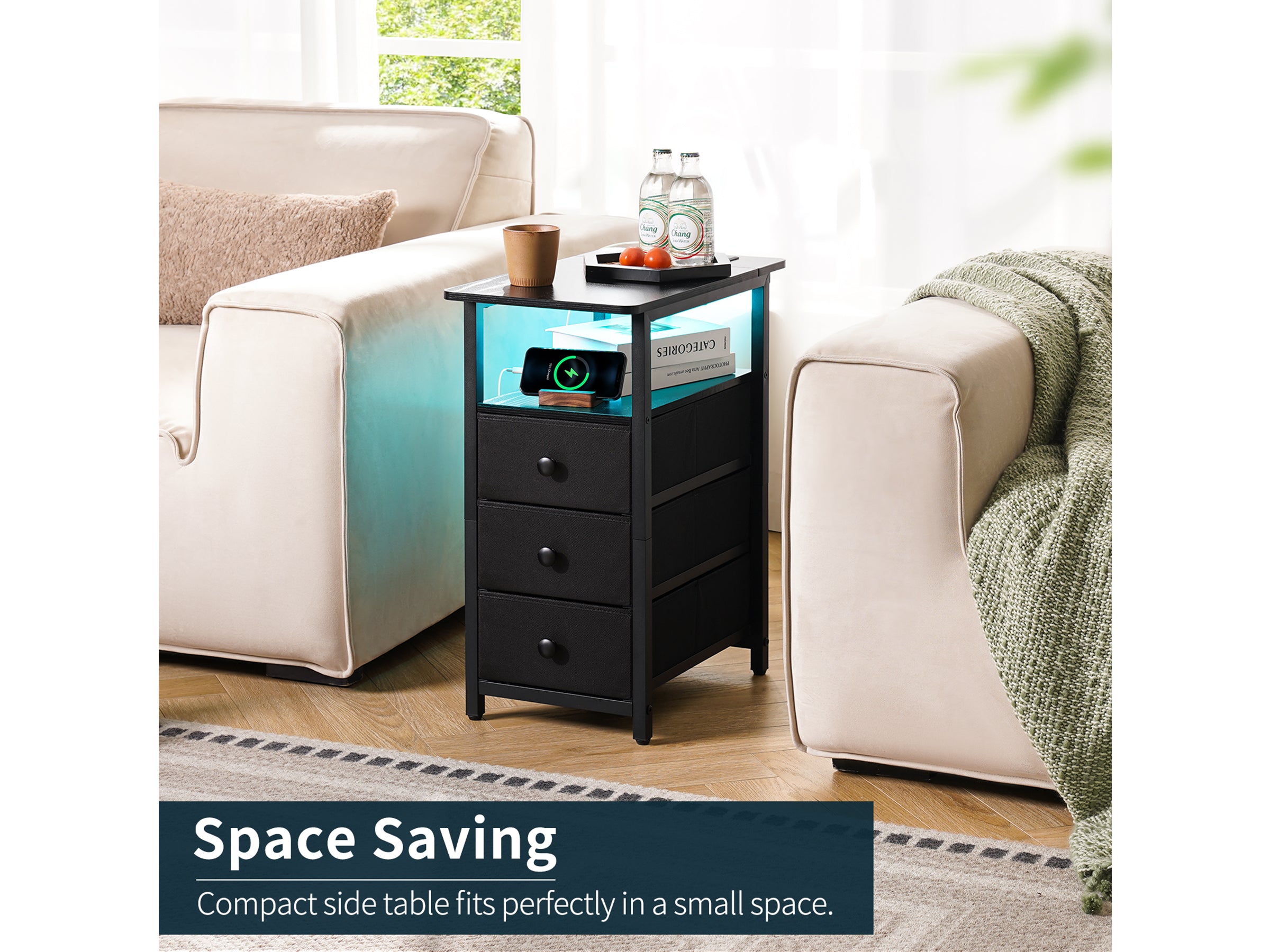 Black Yoobure 3-Drawer Narrow End Table with Charging Station