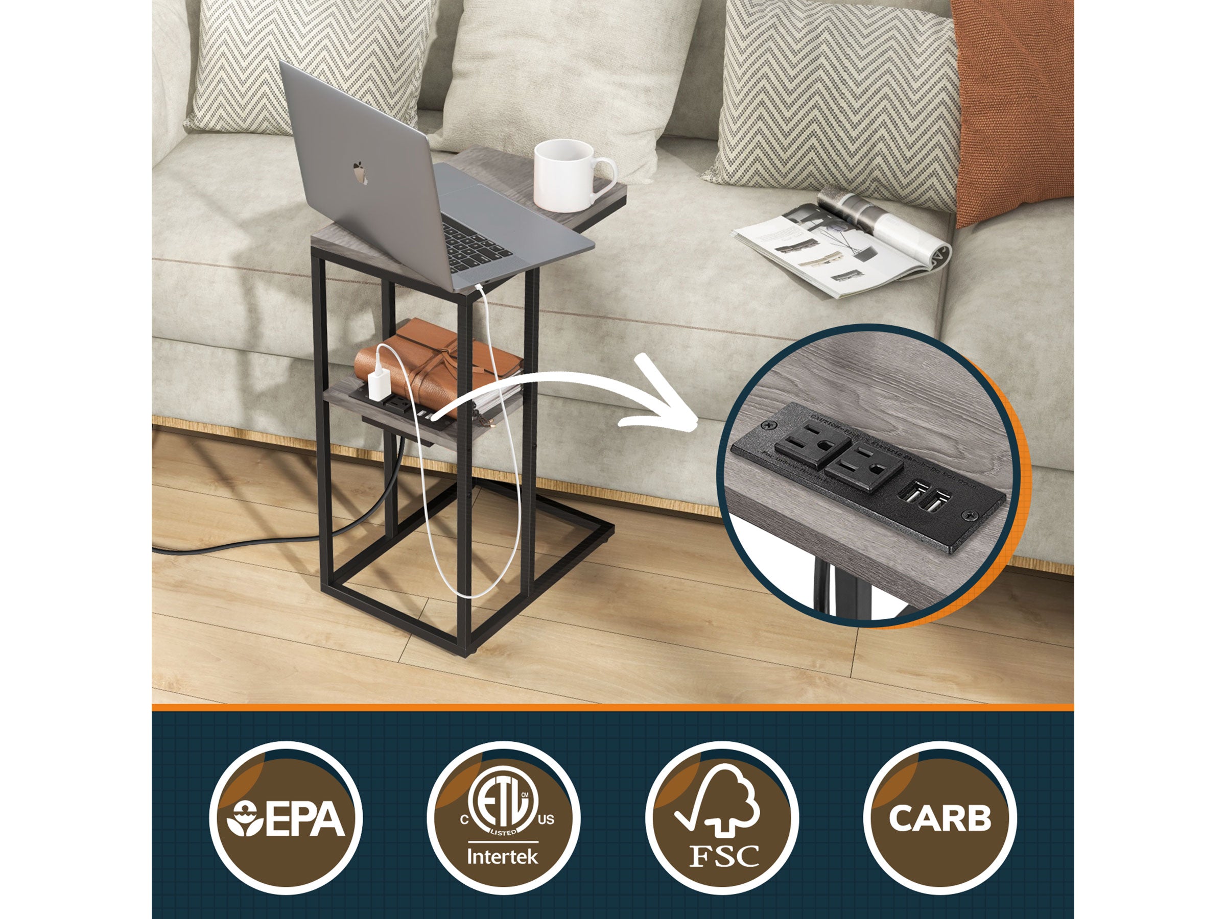 light grey Yoobure C Shaped End Table with Charging Station