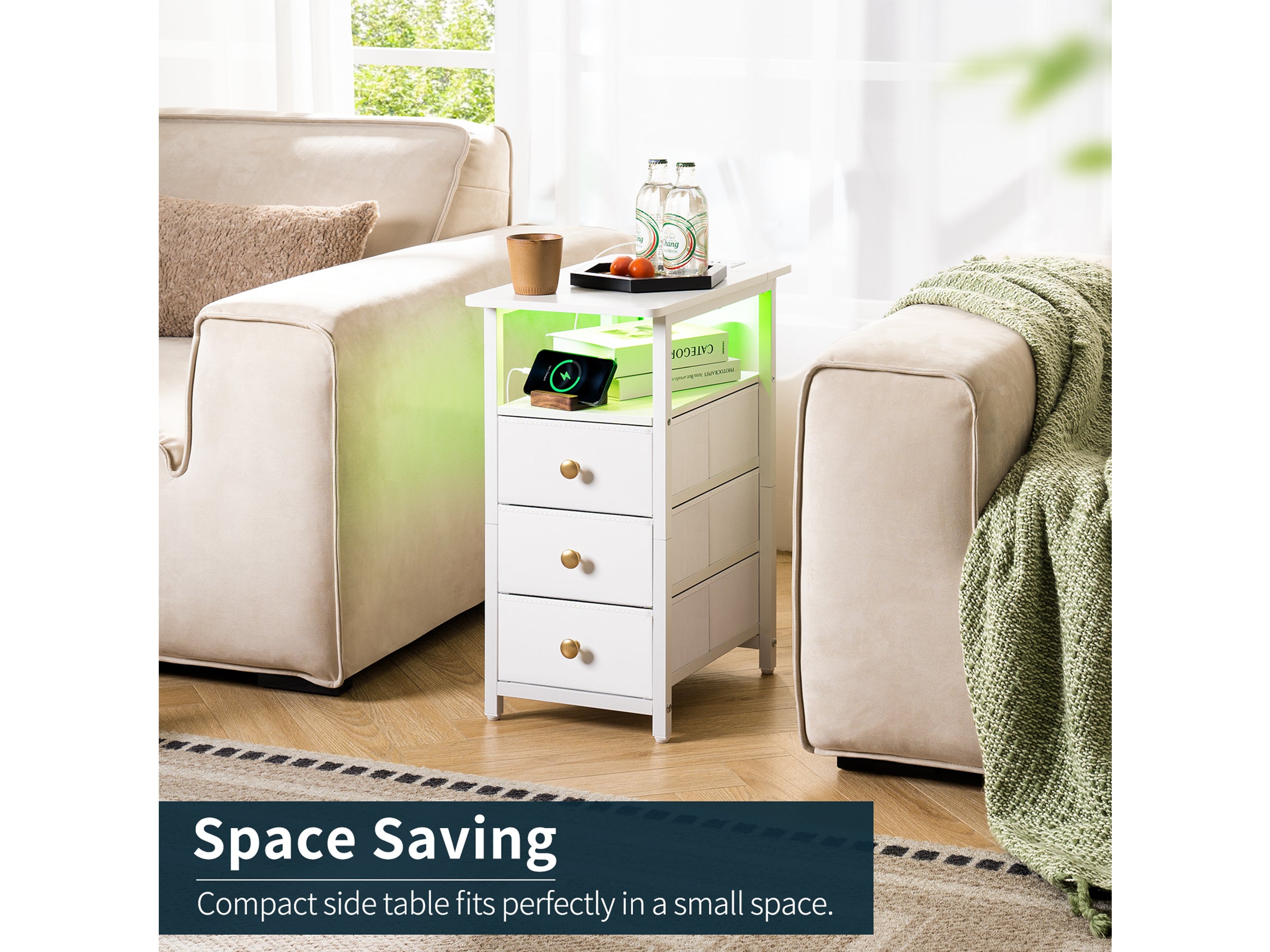 White Yoobure 3-Drawer Narrow End Table with Charging Station