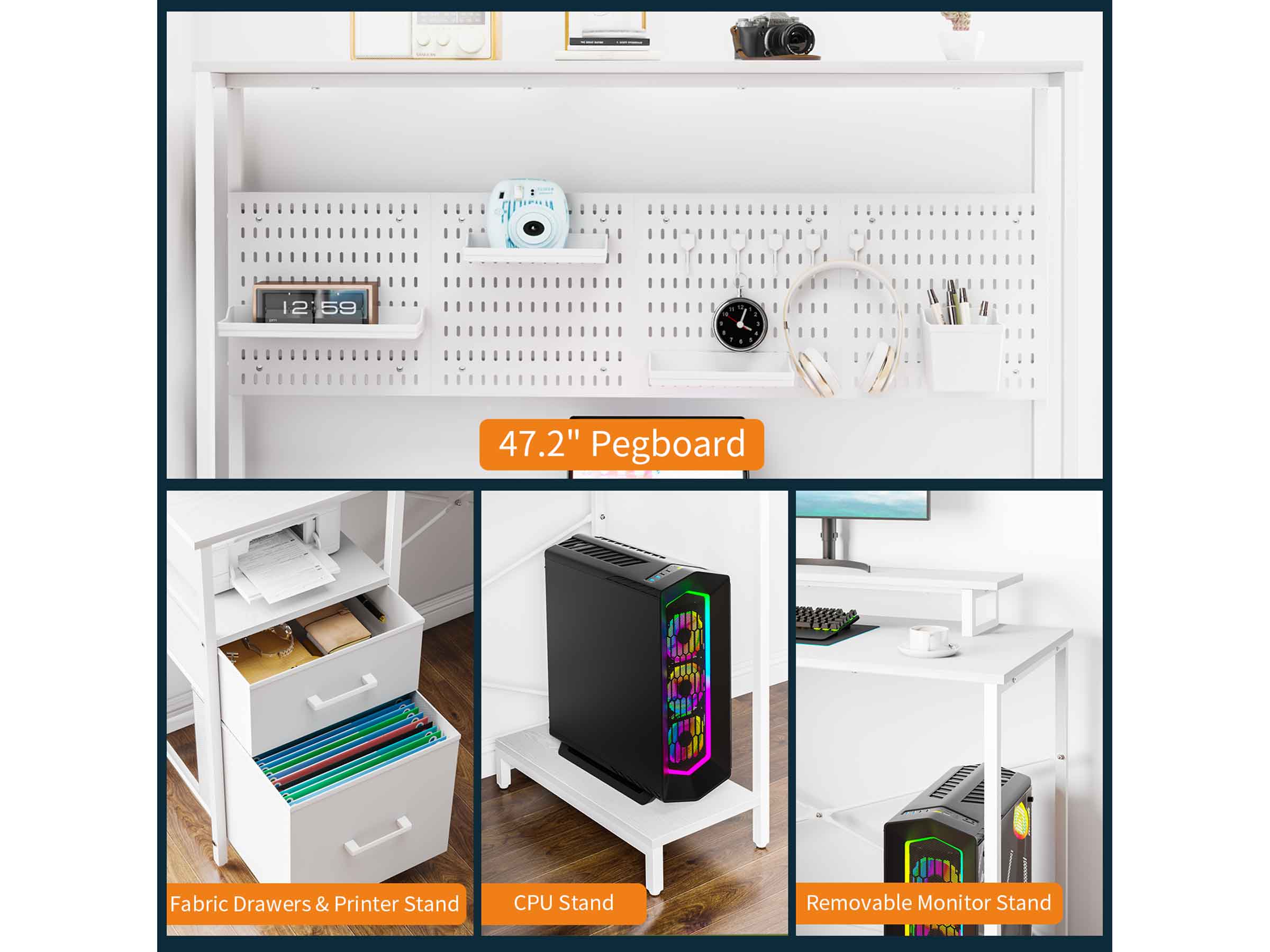 White Yoobure L Shaped Desk with Pegboard