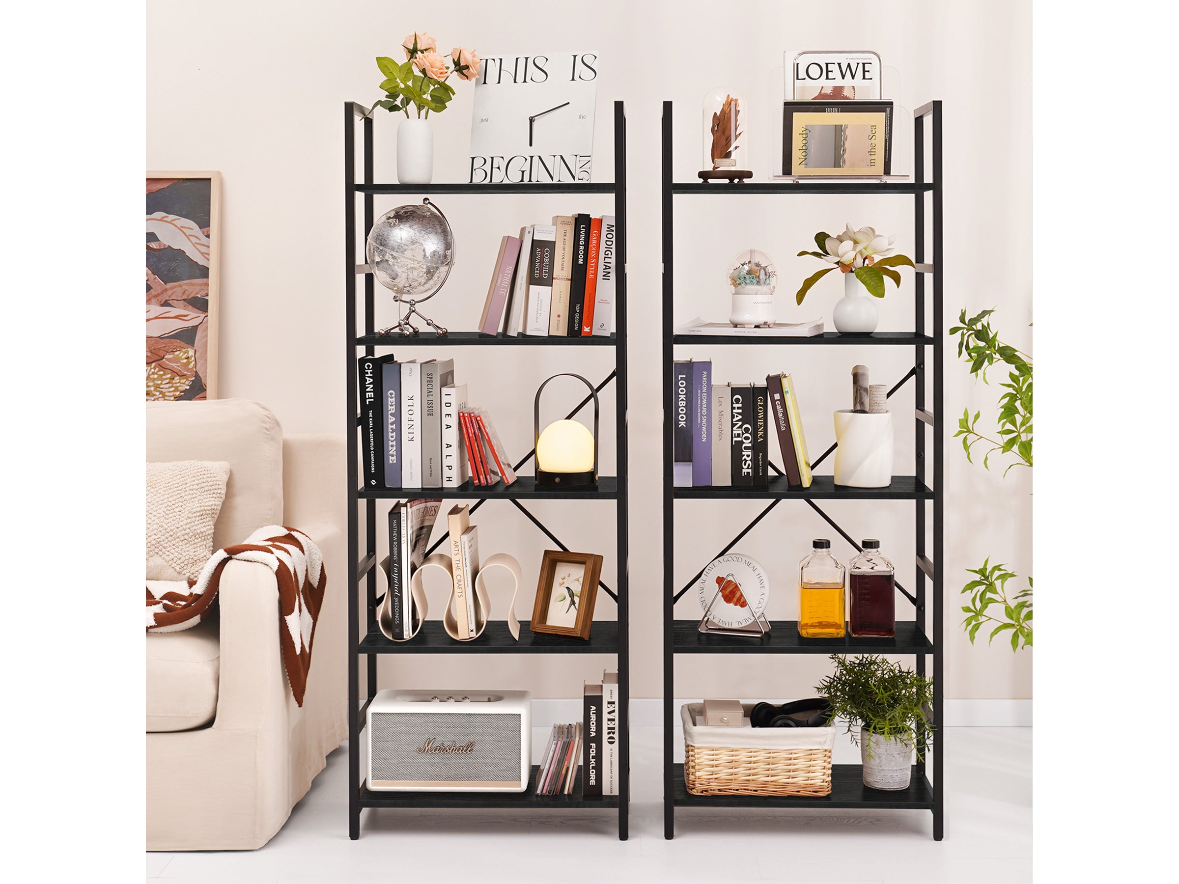 Black Yoobure 5-Tier Tall Bookshelf, built with durable wood and a sturdy metal frame