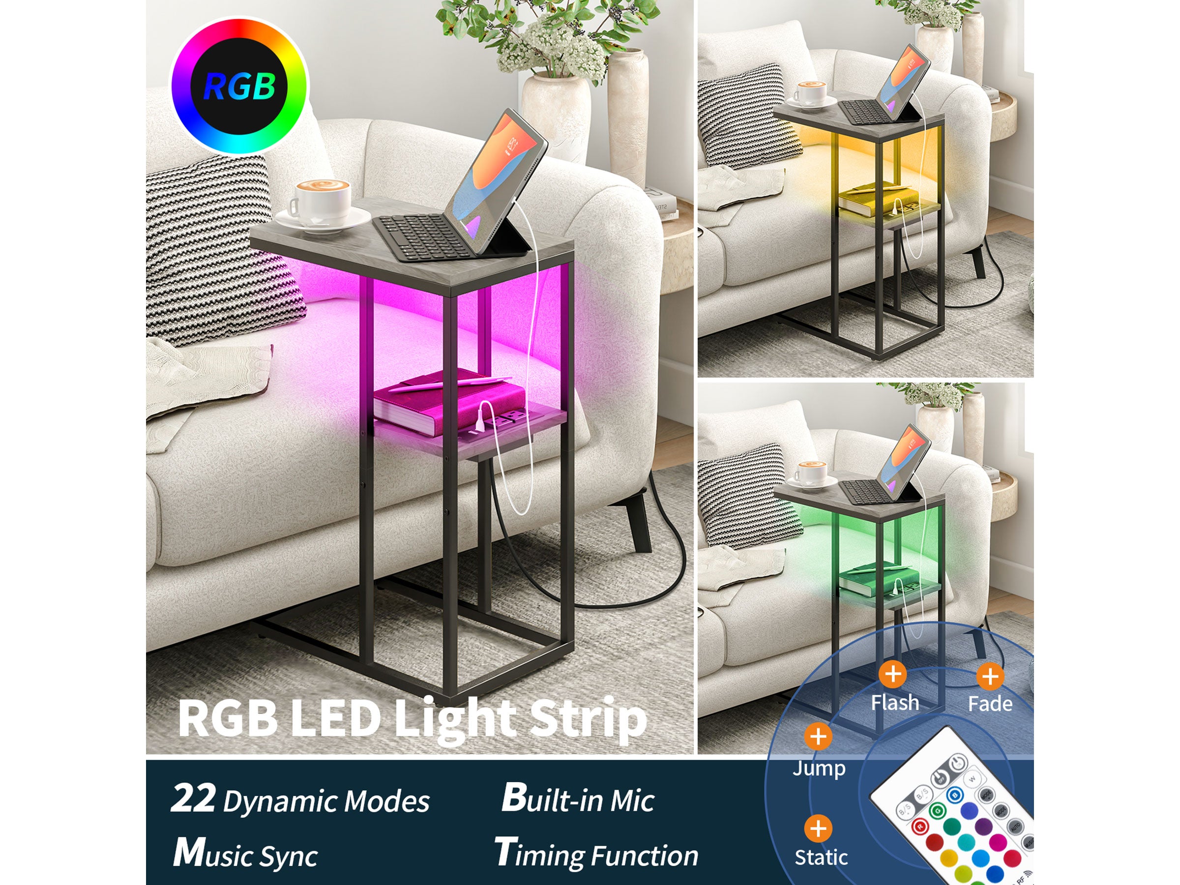 Yoobure LED C Shaped End Table with Charging Station