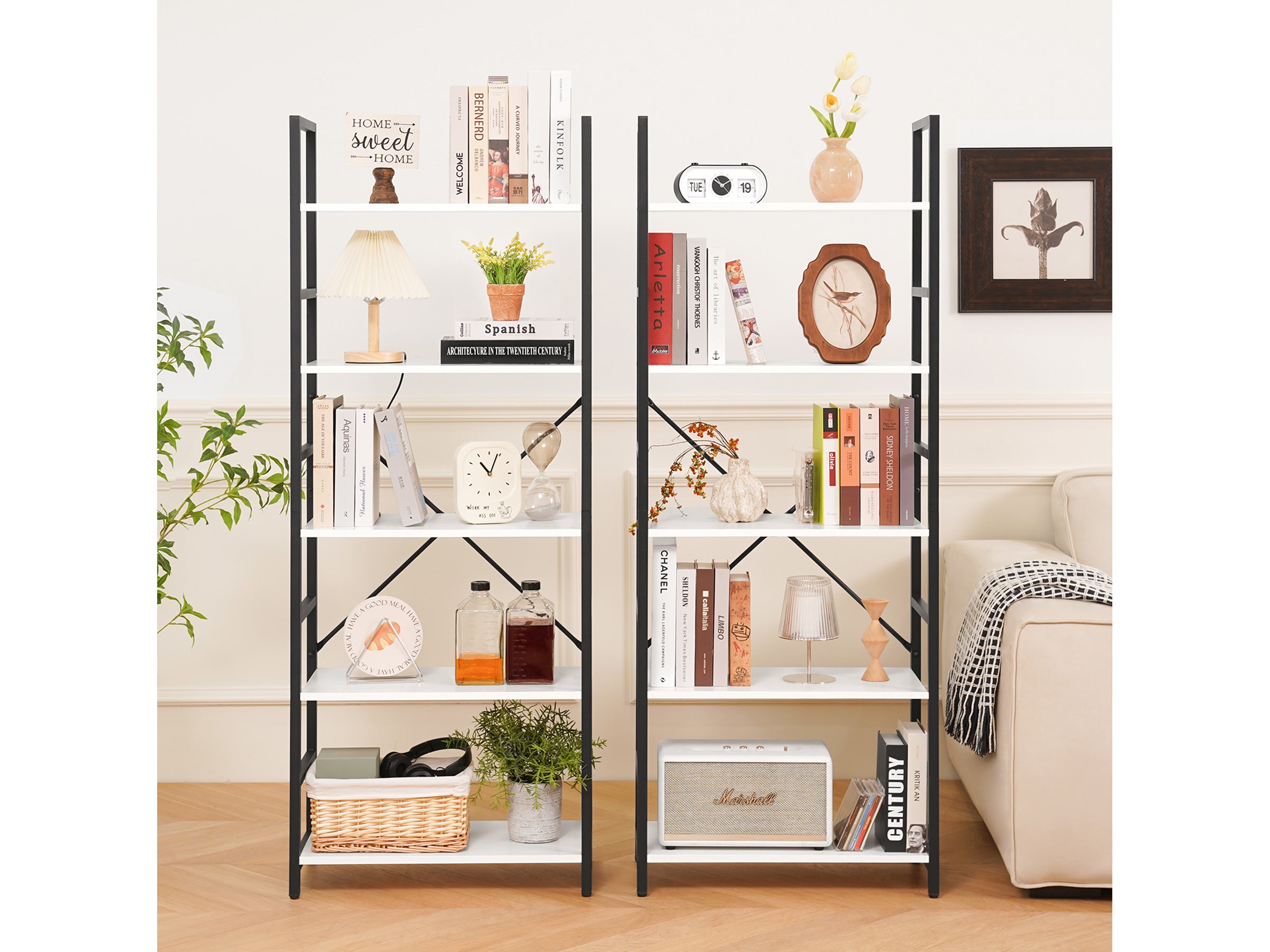 White Yoobure 5-Tier Tall Bookshelf, built with durable wood and a sturdy metal frame