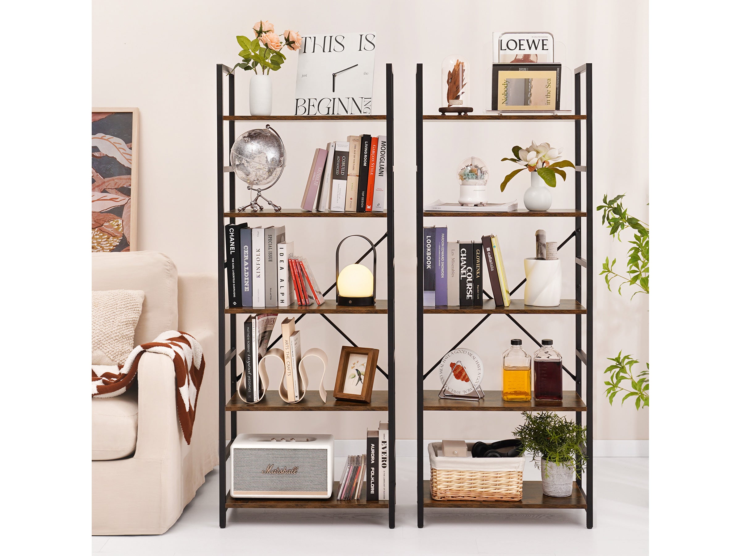 Dark-brown Yoobure 5-Tier Tall Bookshelf, built with durable wood and a sturdy metal frame