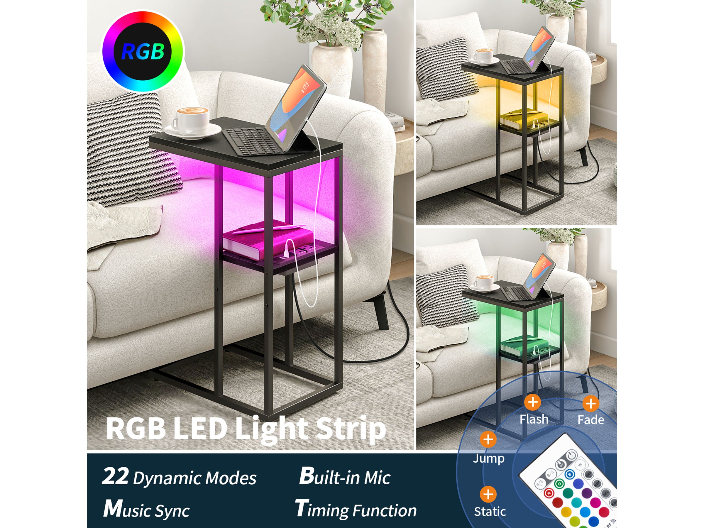 Yoobure LED C Shaped End Table with Charging Station