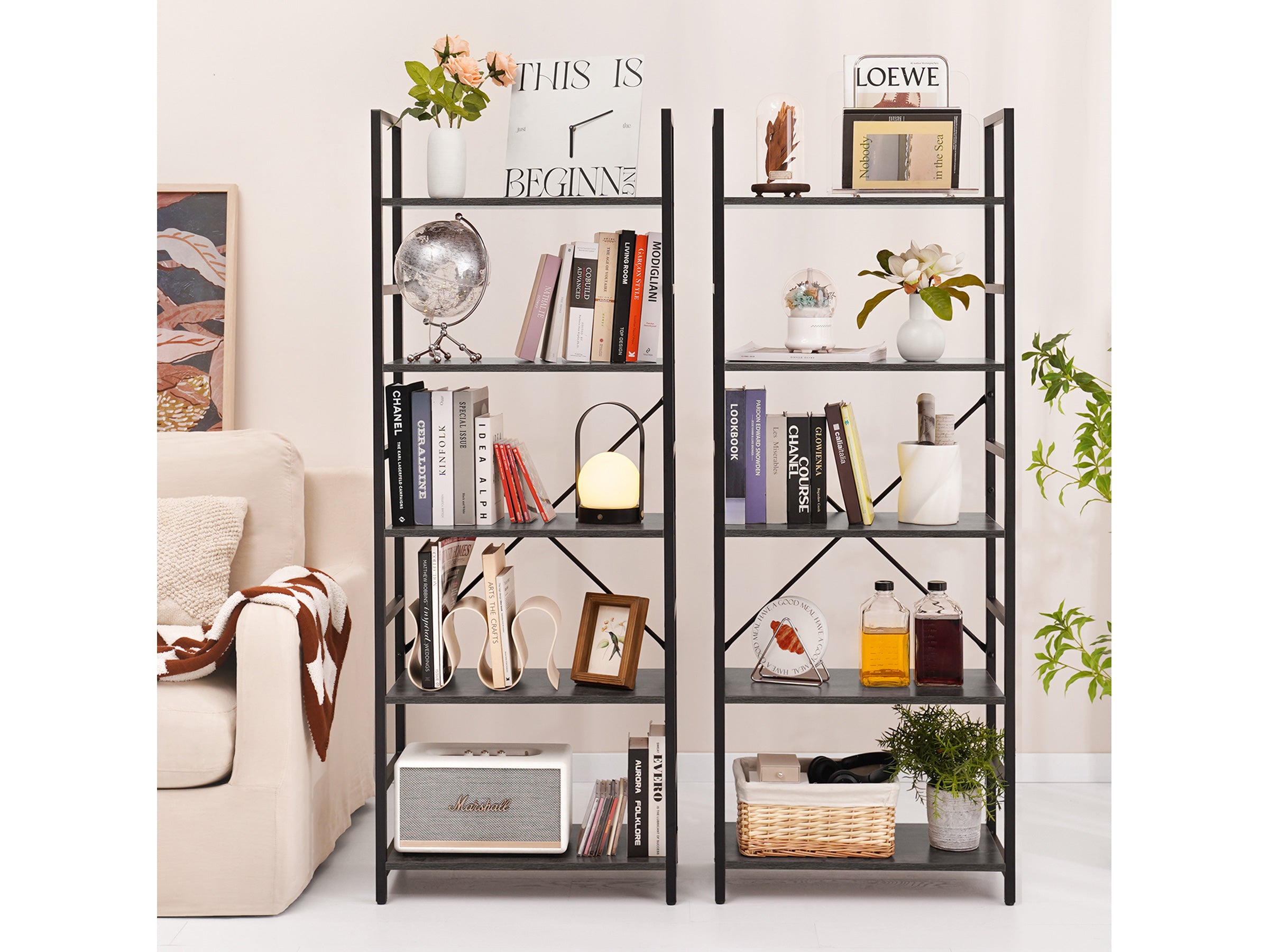 Dark-grey Yoobure 5-Tier Tall Bookshelf, built with durable wood and a sturdy metal frame