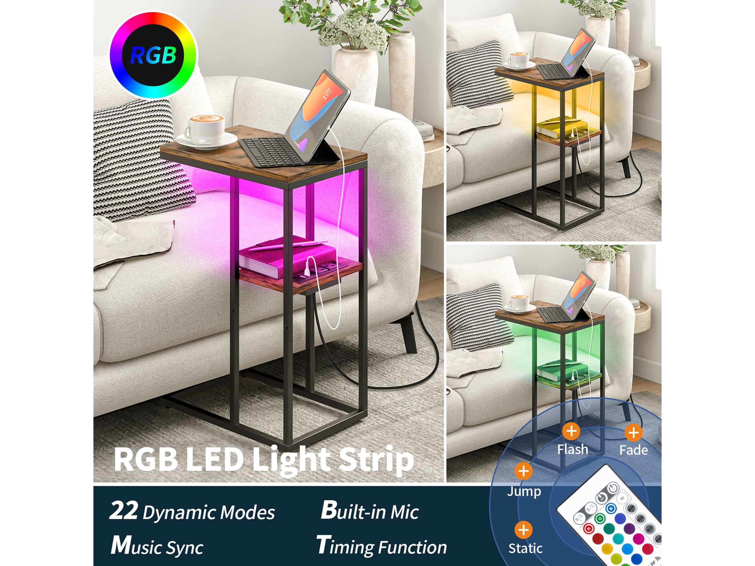 Yoobure LED C Shaped End Table with Charging Station