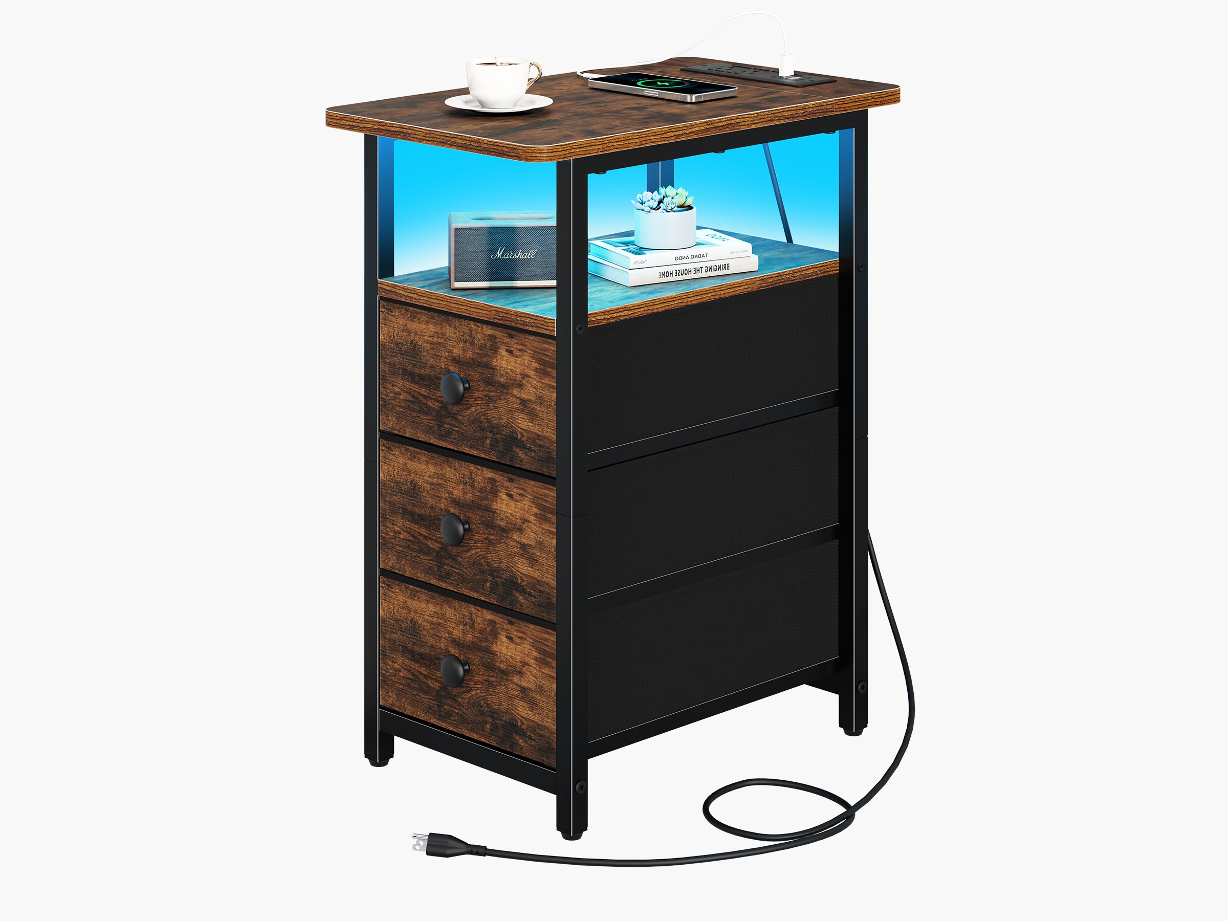 Brown Yoobure 3-Drawer Narrow End Table with Charging Station