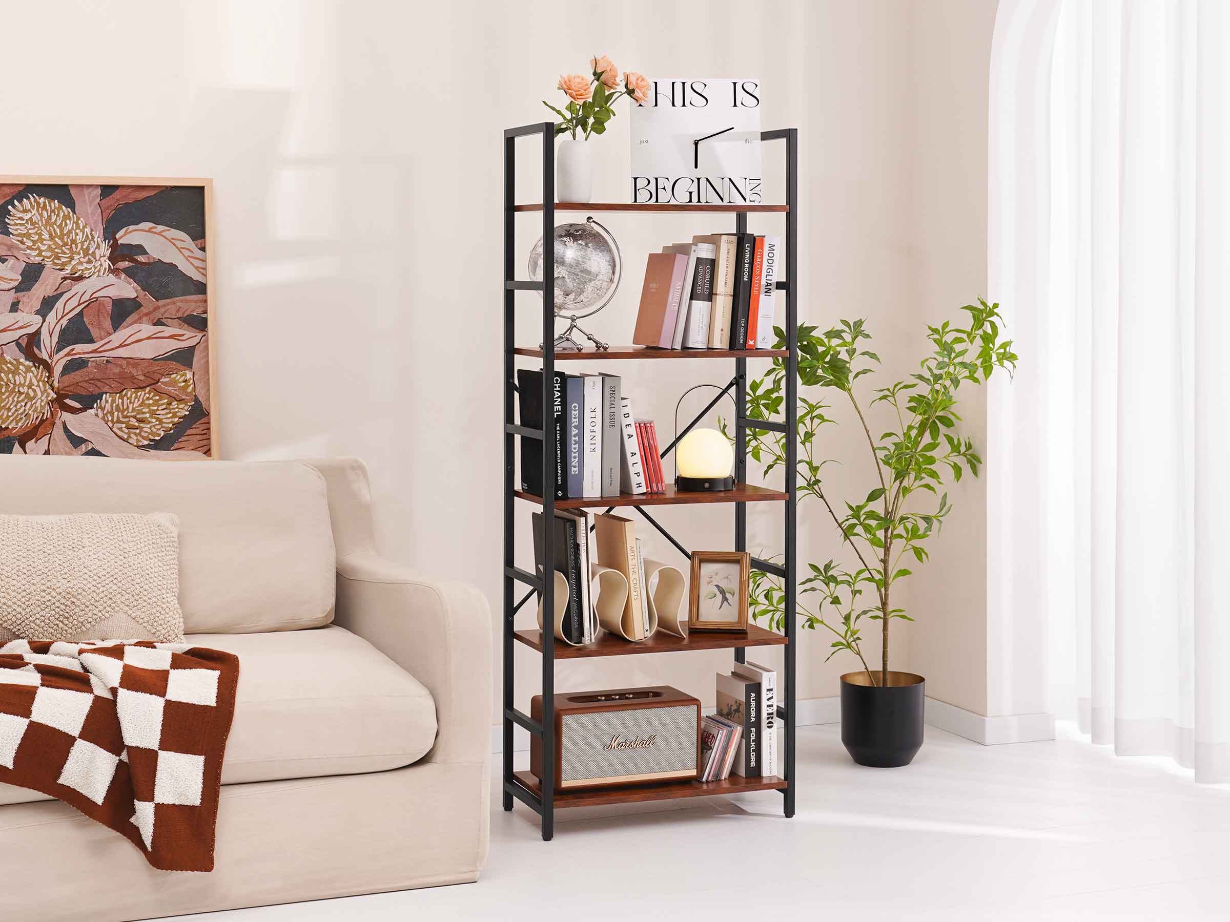 Berry-brown Yoobure 5-Tier Tall Bookshelf, built with durable wood and a sturdy metal frame