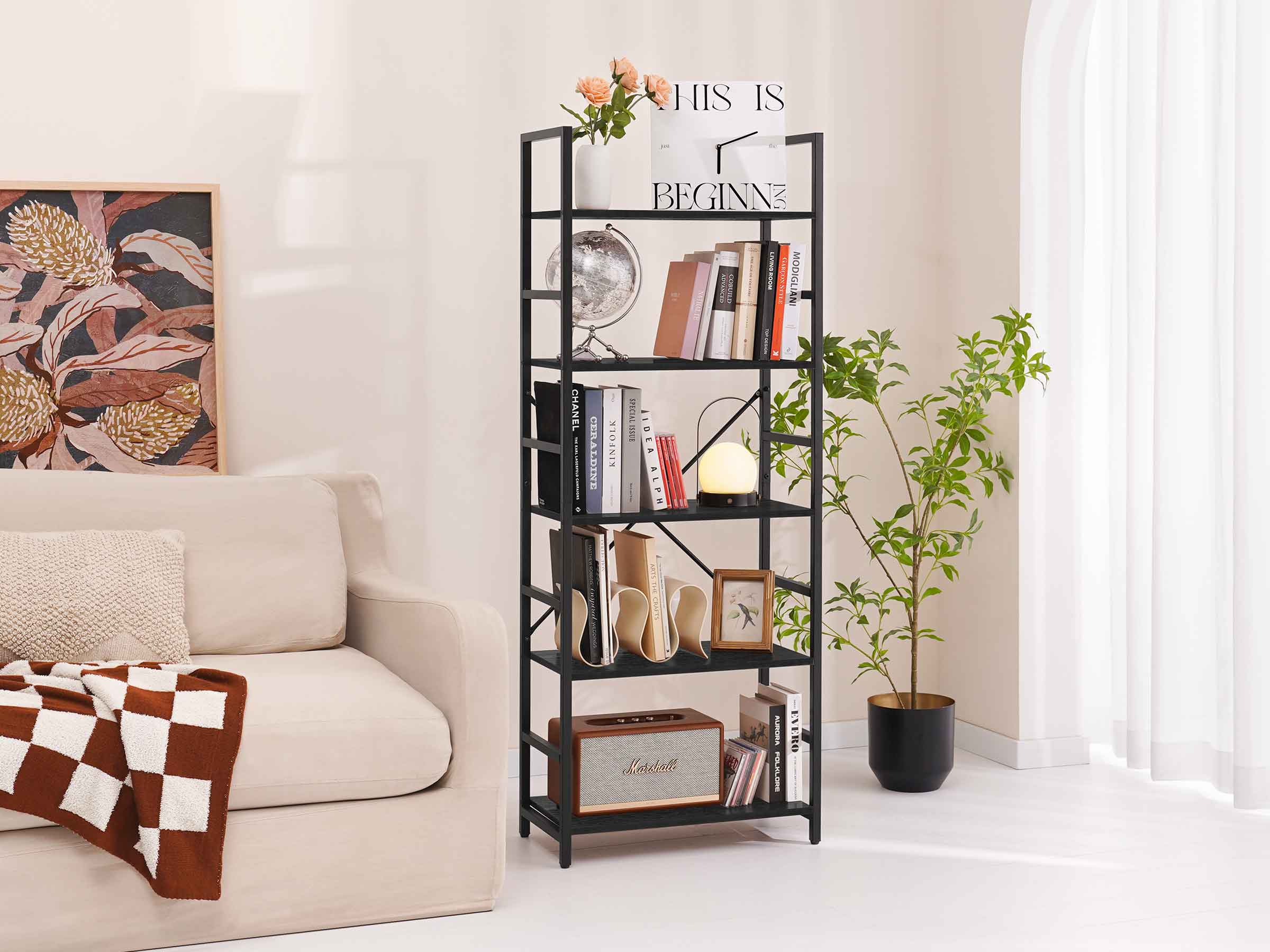 Black Yoobure 5-Tier Tall Bookshelf, built with durable wood and a sturdy metal frame