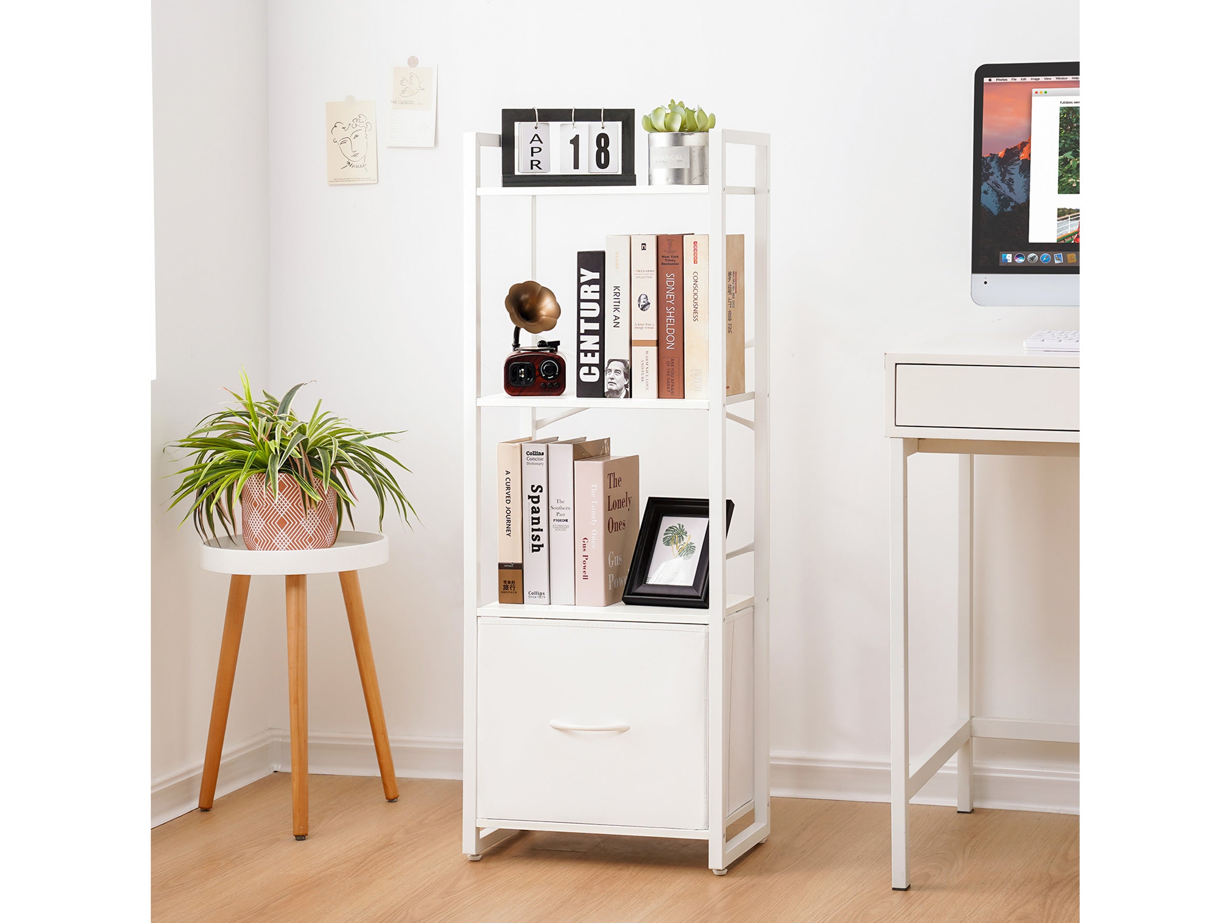 White Yoobure 4-Tier Bookshelf with one Drawer