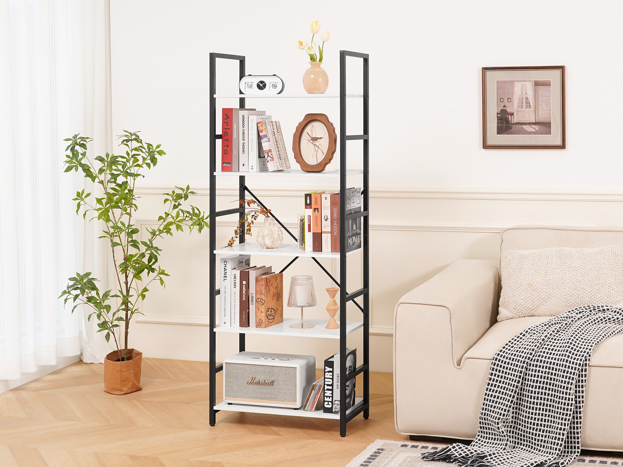 White Yoobure 5-Tier Tall Bookshelf, built with durable wood and a sturdy metal frame