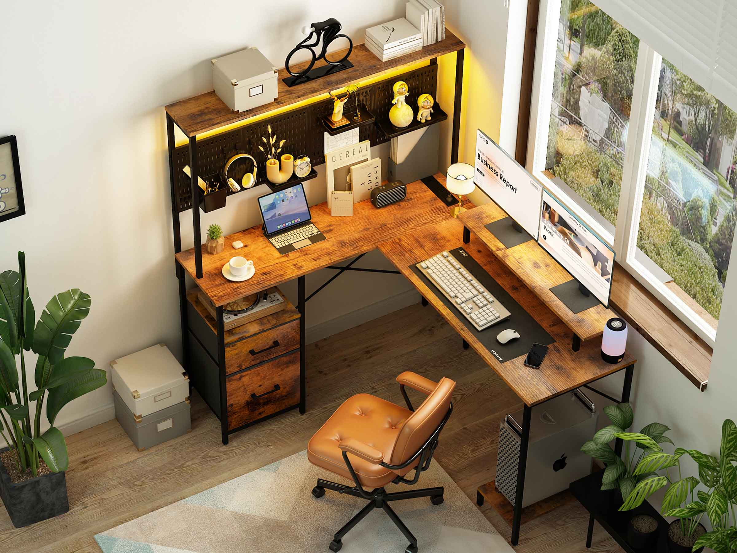 Brown Yoobure L Shaped Desk with Pegboard