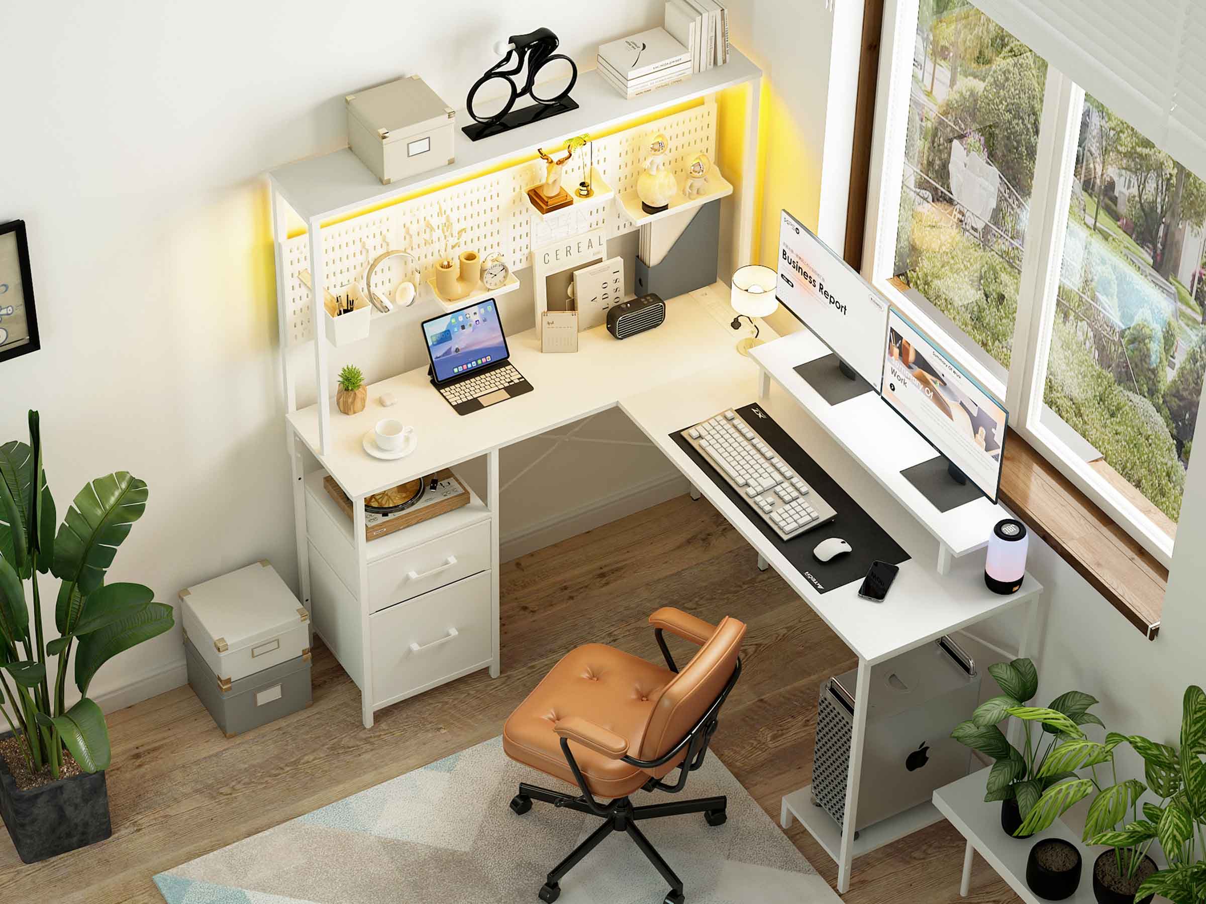 White Yoobure L Shaped Desk with Pegboard